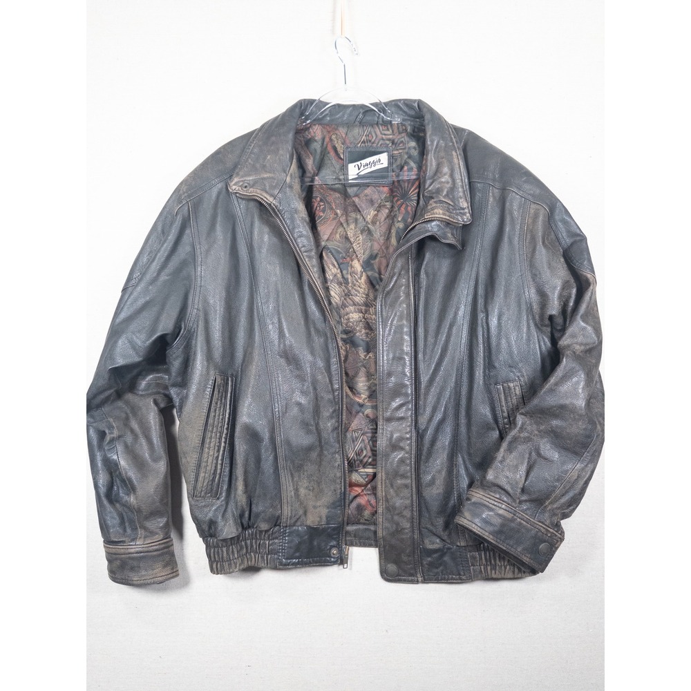 Viaggio Mens Distressed Leather Bomber Jacket Large Brown Vintage Quilted Lining